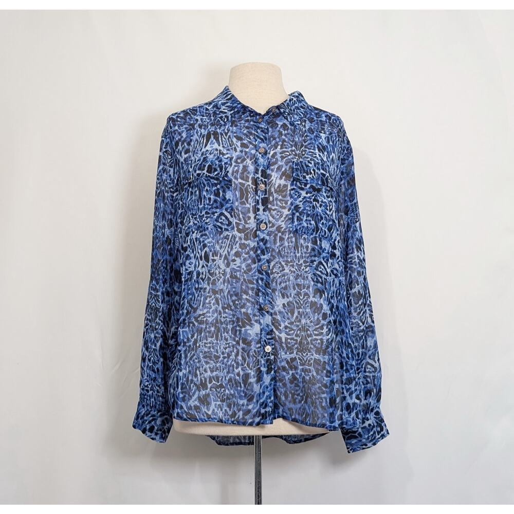 Two Vince Camuto Top Blue Sheer Animal Print Blouse Women's Size L